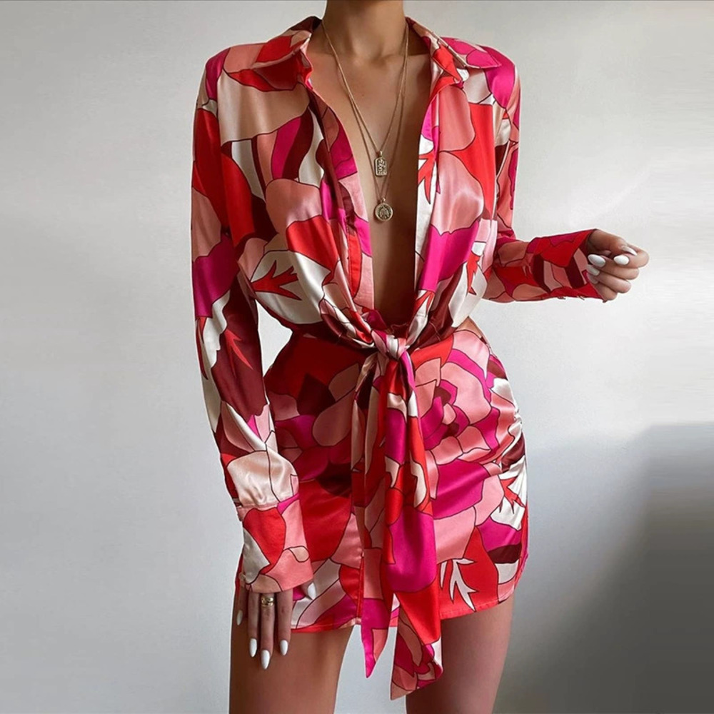 ZARA In Stock Summer Sexy Printed Lapel Collar Long Sleeve Bodycon Shirt Dress